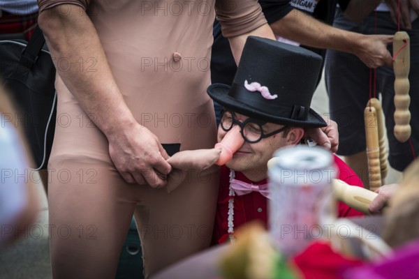 DEU Germany Germany Berlin The grooms of two bachelor parties exchange rituals during their meeting