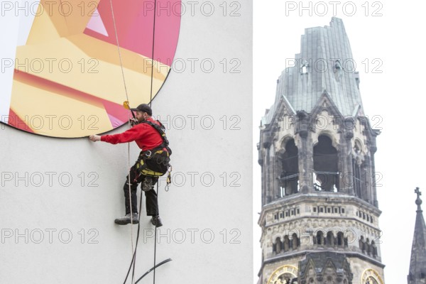 DEU Germany Germany Berlin A worker removes the outdoor advertising for a spring installation in