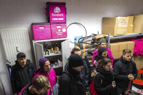 DEU Germany Germany Berlin Foodora bike couriers protest against poor working conditions and
