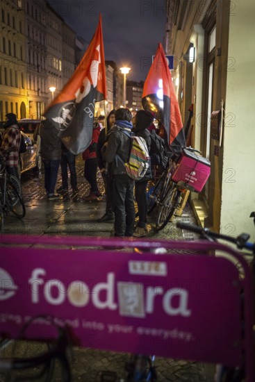 DEU Germany Germany Berlin Foodora bike couriers protest against poor working conditions and