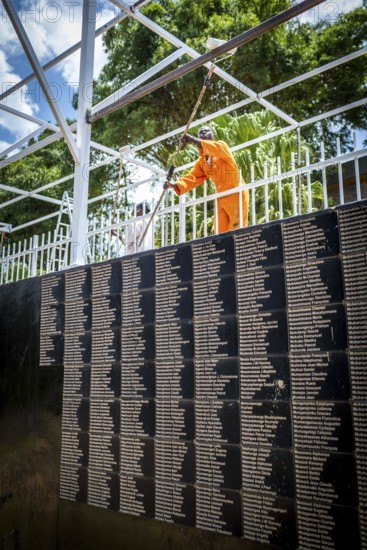 RWA RWANDA RUANDA Kigali Working at the memorial in front of a list of names in preparation for the