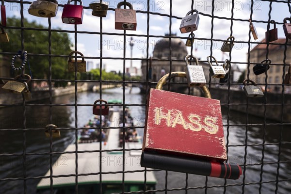 DEU Germany Germany Berlin A castle with the inscription Hass on a bridge near Museum Island, on