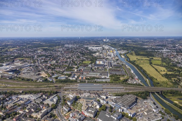 Aerial view, overview main station Hamm, industrial area, harbour, former Thyssen area, Hamm, Ruhr