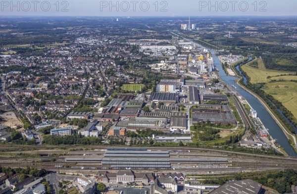Aerial view, overview main station Hamm, industrial area, harbour, former Thyssen area, Hamm, Ruhr