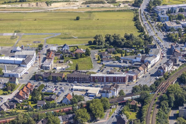 Aerial view, construction area Seeburger Straße, airfield EDLH, Münsterstraße, railway bridges,