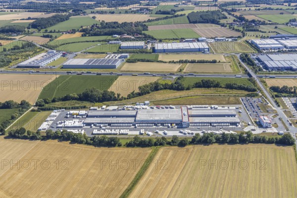 Aerial view, DPD depot in Hamm, truck stop Osterbönener Weg, logistics centre, Hamm, Ruhr area,