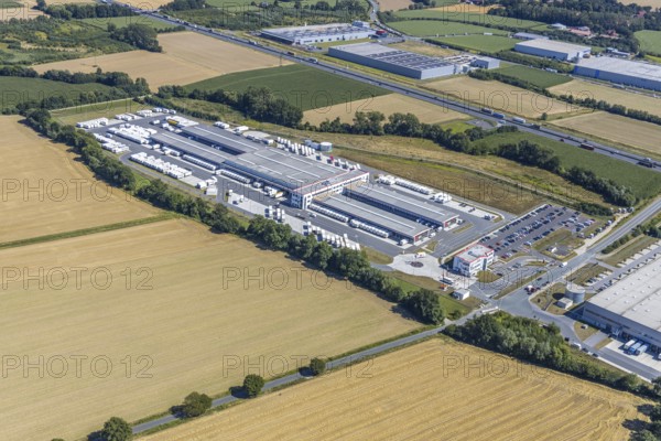 Aerial view, DPD depot in Hamm, truck stop Osterbönener Weg, logistics centre, Hamm, Ruhr area,
