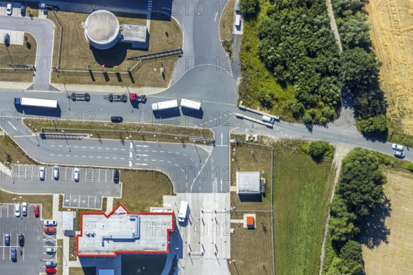 Aerial view, DPD depot in Hamm, truck stop Osterbönener Weg, logistics centre, Hamm, Ruhr area,