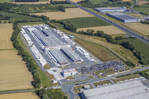 Aerial view, DPD depot in Hamm, truck stop Osterbönener Weg, logistics centre, Hamm, Ruhr area,