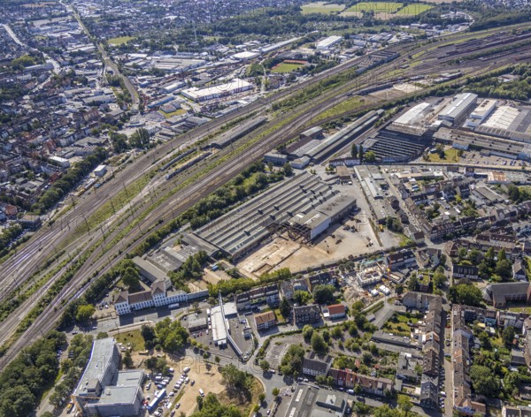 Aerial view, construction site on the WDI site between Bahndamm and Otto-Brenner-Straße, new