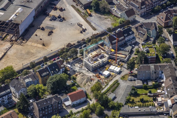 Aerial view, construction site at Wilhelmstraße 61-65, former Roxy cinema, new building of flats,