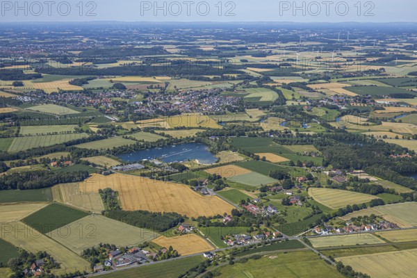 Aerial view, view over quarry pond, Haaren, view of Dolberg, Lippe, Lippe meadows, Hamm, Ruhr area,