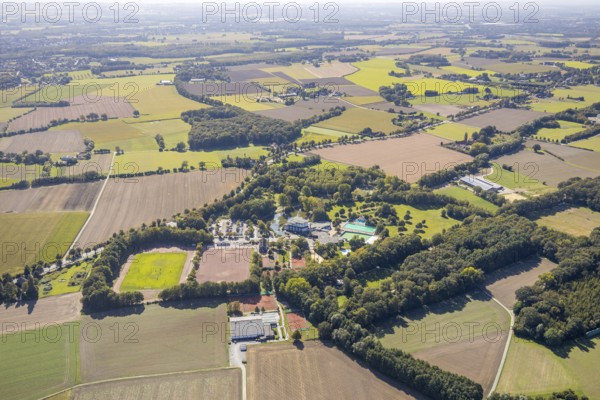 Aerial view, Selbachpark, sports field, outdoor swimming pool Selbachpark, Hamm, Ruhr area, North