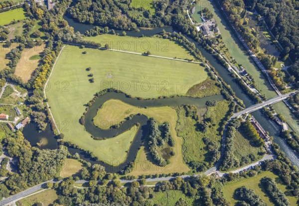 Aerial view, Mühlengraben, Mühlenteich, Ennigerbach, river Lippe, bridge Fährstraße, Wasser- und