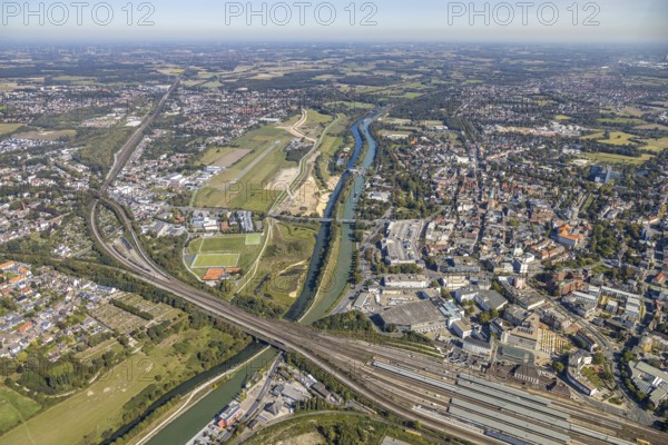 Aerial view, Hamm airfield, Mattenbecke sewage treatment plant, Lippe floodplain, Hamm lock, Lippe