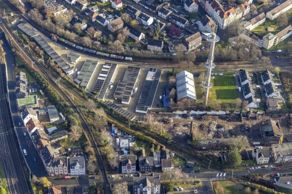 Aerial view, garage yard Mulvanystraße, transmission mast, construction site demolition site,