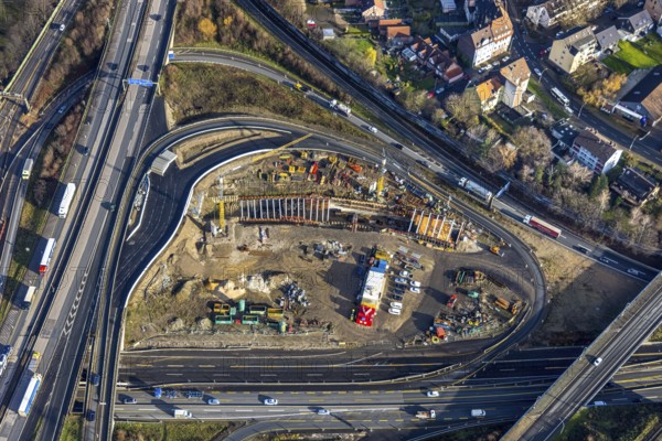 Aerial view, construction site due to A43 extension, motorway junction Herne, motorway A42,