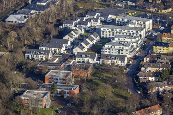 Aerial view, construction site, new housing estate Jürgens Hof, Am Fischergraben, Horsthausen,