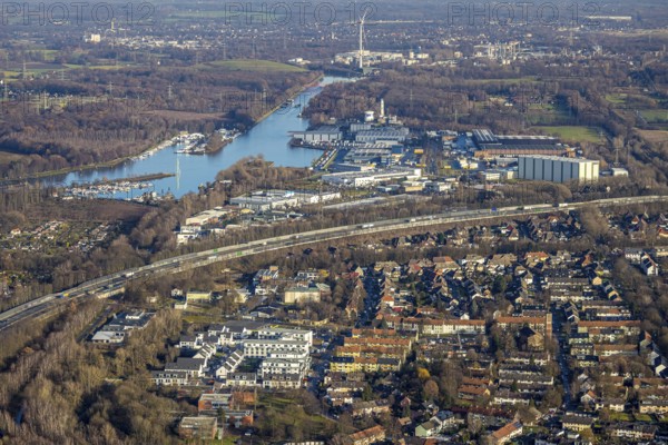Aerial view, construction site, new housing estate Jürgens Hof, Am Fischergraben, view to the Herne