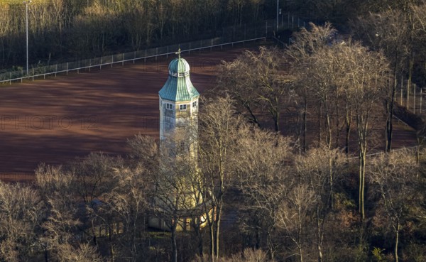 Aerial view, water tower in Volkspark Sodingen, sports field Am Volkspark, Börnig, Herne, Ruhr