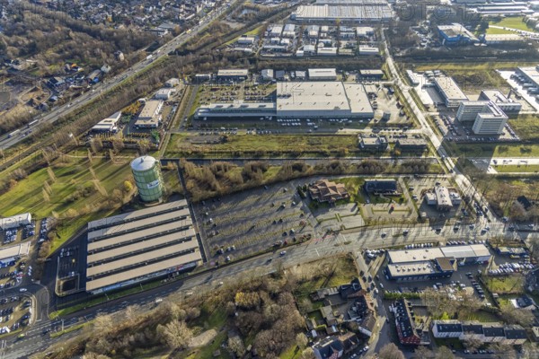 Aerial view, gasometer Herne, industrial area Lindenallee, Holsterhausen, Herne, Ruhr area, North