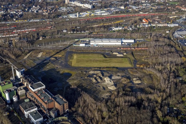 Aerial view, construction site new Stadler Schienenfahrzeuge branch, former General Blumenthal mine
