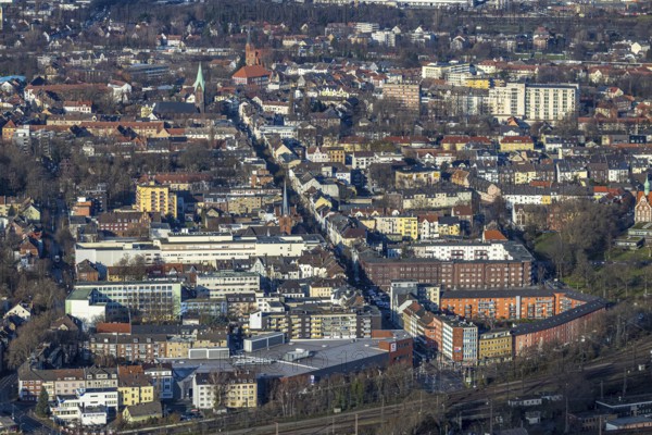 Aerial view, city view main street, Christuskirche, catholic church St. Laurentius, Wanne, Herne,