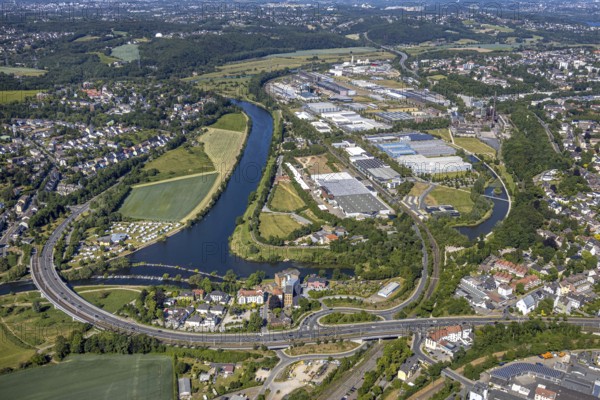 Aerial view, Ruhrbrücke Bochumer Straße, camping site Ruhrbrücke, industrial park and landscape