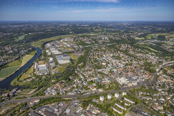 Aerial view, river Ruhr, city centre, old town, district Welper, industrial park and landscape park