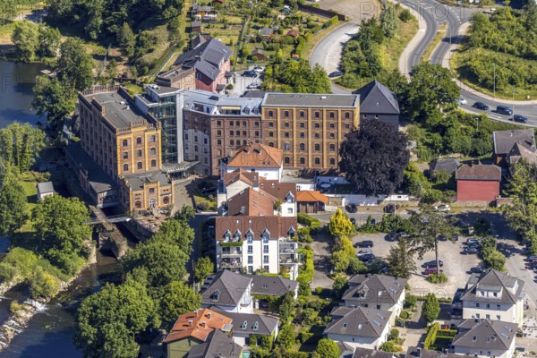 Aerial view, Hotel Birschel-Mühle, river Ruhr, lock, Hattingen, Ruhr area, North Rhine-Westphalia,