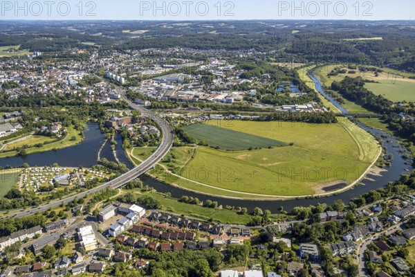 Aerial view, Ruhrbrücke Bochumer Straße, Campingplatz Ruhrbrücke, Hattingen, Ruhr area, North