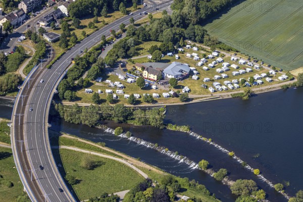 Aerial view, Ruhrbrücke Bochumer Straße, Campingplatz Ruhrbrücke, Hattingen, Ruhr area, North