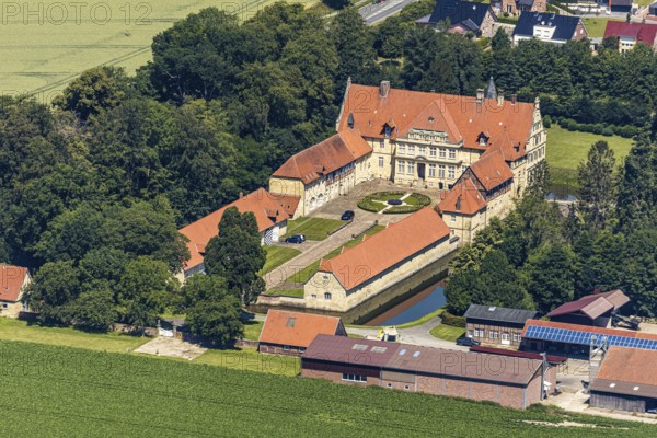 Aerial view, Havixbeck Castle, moated castle, Havixbeck, Münsterland, North Rhine-Westphalia,