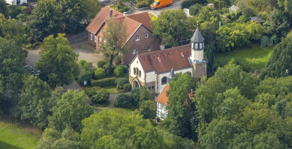 Aerial view, Chapel St. Jakobus Abtsküche, Museum Abtsküche, Heiligenhaus, Ruhr area, North