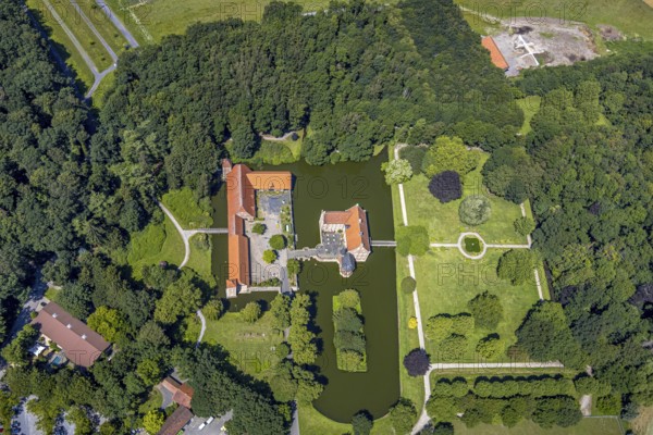 Aerial view, Burg Hülshoff, Museum in honour of the poet Annette von Droste-Hülshoff, Havixbeck,