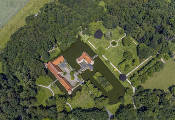 Aerial view, Burg Hülshoff, Museum in honour of the poet Annette von Droste-Hülshoff, Havixbeck,