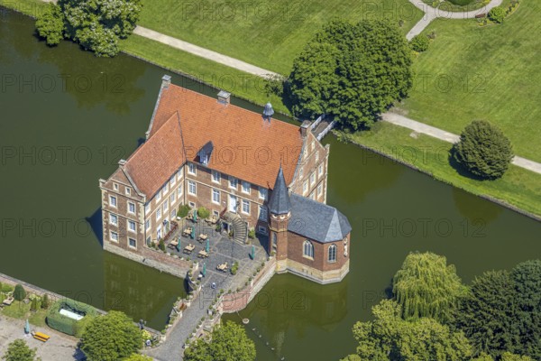 Aerial view, Burg Hülshoff, Museum in honour of the poet Annette von Droste-Hülshoff, Havixbeck,