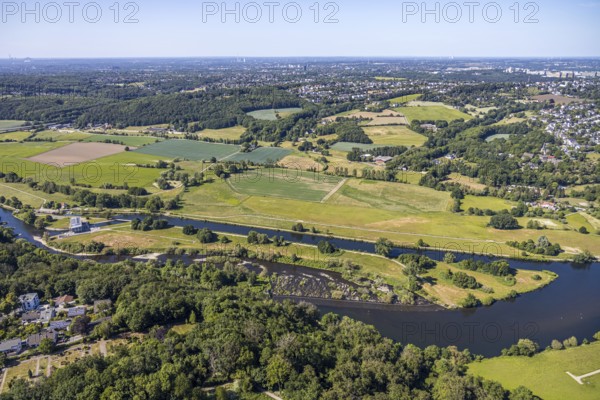 Aerial view, river Ruhr, lock canal, waterworks Stiepel, lock house, Stiepel, Bochum, Ruhr area,