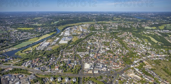 Aerial view, river Ruhr, city centre, old town, district Welper, industrial park and landscape park