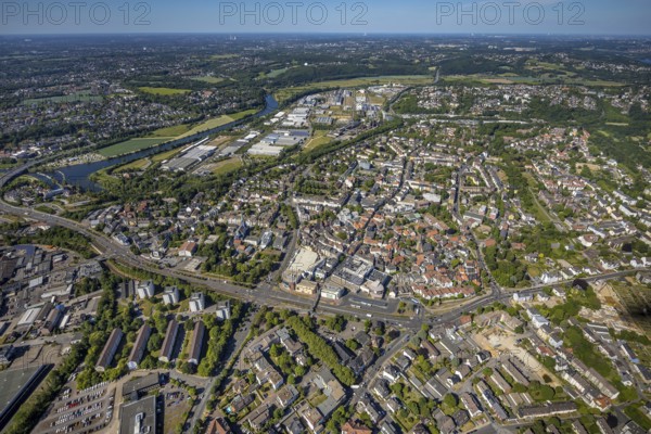 Aerial view, river Ruhr, city centre, old town, district Welper, industrial park and landscape park