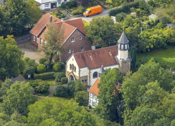 Aerial view, Chapel St. Jakobus Abtsküche, Museum Abtsküche, Heiligenhaus, Ruhr area, North