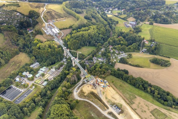 Aerial view, construction site, new construction bridge Angerbach, sewage treatment plant Angertal,
