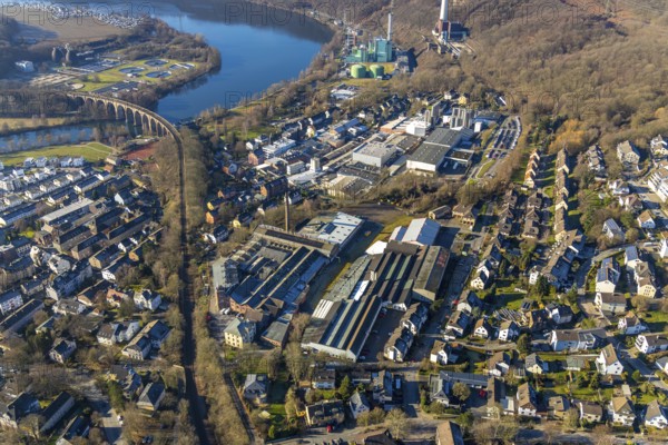 Aerial view, Ruhr river, Ruhr viaduct, commercial area, Dörkengroup, Herdecke, Ruhr area, North