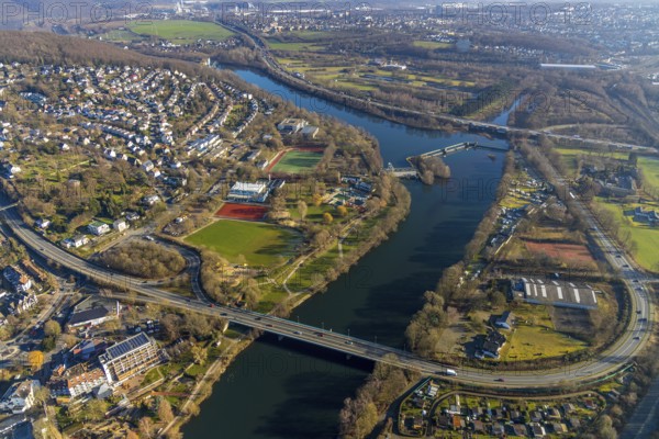 Aerial view, town view, river Ruhr, Ruhr bridge Herdecke, dam Stiftsmühle, Herdecke, Ruhr area,