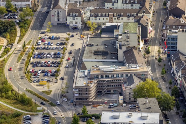 Aerial view, construction site shopping centre Basildonplatz, Heiligenhaus, Ruhr area, North