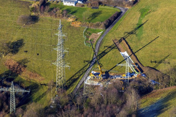 Aerial view, construction site In der Erdbrügge, new high-voltage pylons, In der Erdbrügge,