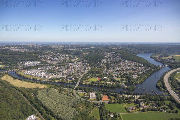 Aerial view, townscape, Quartier Ruhr-Aue Center, river Ruhr, Ruhr-Viaduct, dam Stiftsmühle, sports