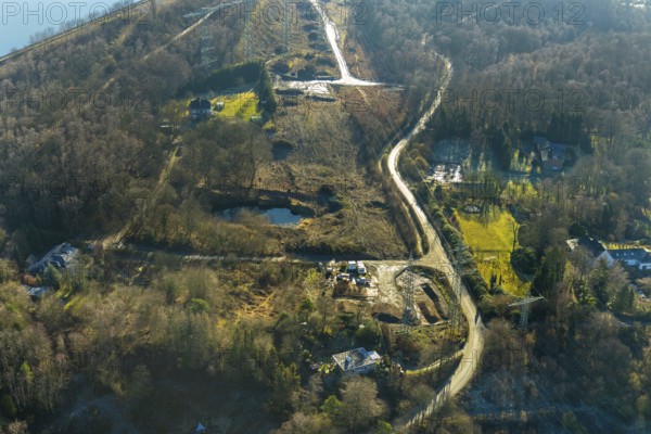 Aerial view, construction site Im Kleff, high-voltage road at the reservoir, end, Herdecke, Ruhr