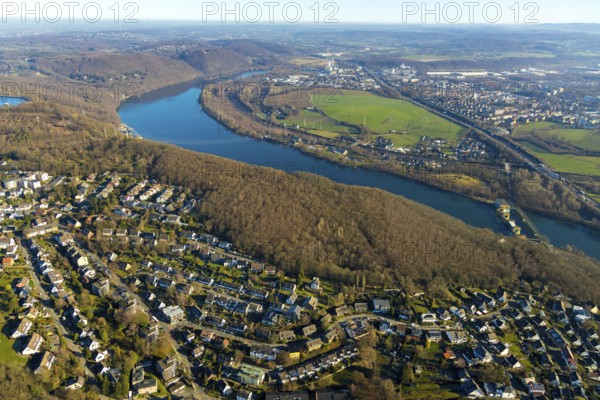 Aerial view, local view, river Ruhr, Hengsteysee, run-of-river power station Hengstey, Herdecke,
