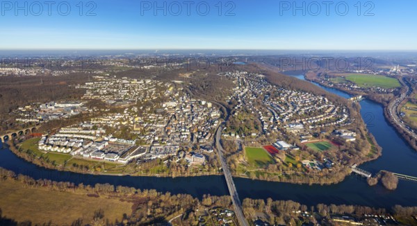 Aerial view, townscape, Ruhr river, Ruhr viaduct, Stiftsmühle dam, Herdecke, Ruhr area, North